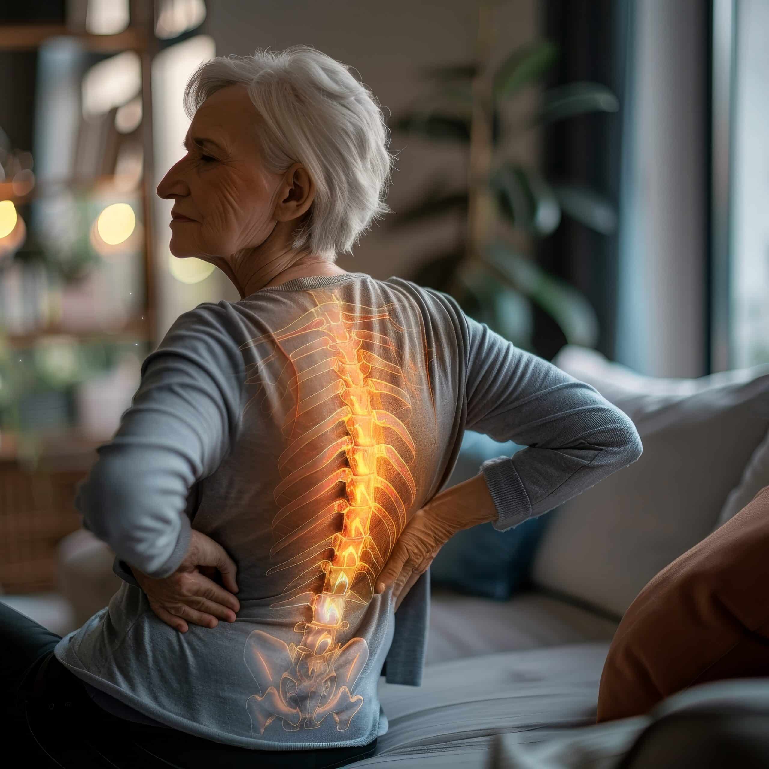 Digital composite of highlighted spine of senior woman with back pain at home. Photo with copy space.  highlighted spine of senior woman with back pain