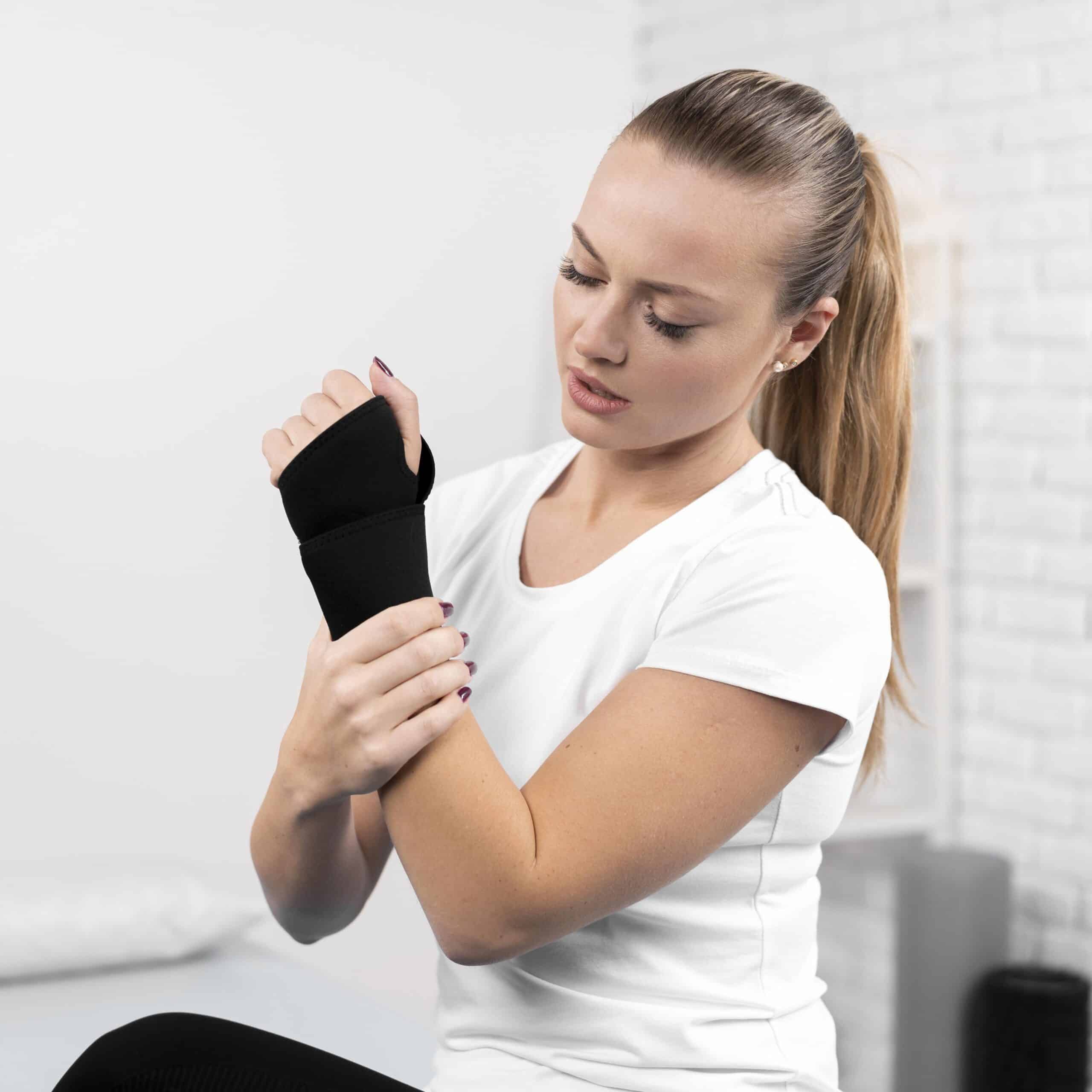woman-with-wrapped-wrist-physiotherapy Woman with wrapped wrist